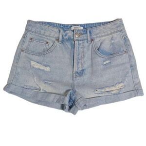 Forever 21 Distressed High Waist Cuffed Jean Short Light Wash 26